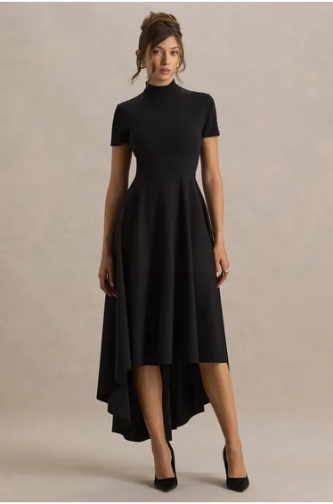 Bellona | Black High-Neck High-Low Midi Dress