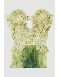 Crinkle Pleat Border Print Blouse With Rosette Detail - 3