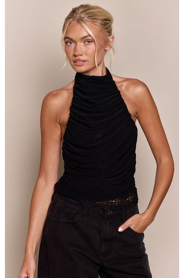 Black Mesh Ruched High Neck Top