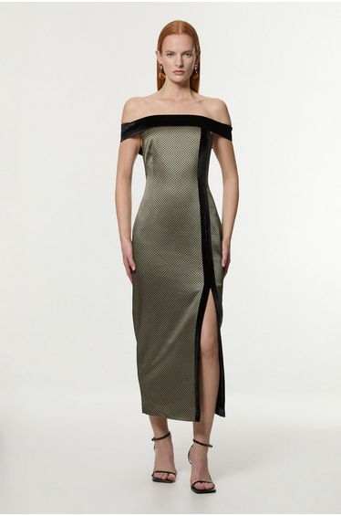 Geo Jacquard Velvet Mix Tailored Bardot Midaxi Dress