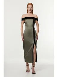 Geo Jacquard Velvet Mix Tailored Bardot Midaxi Dress