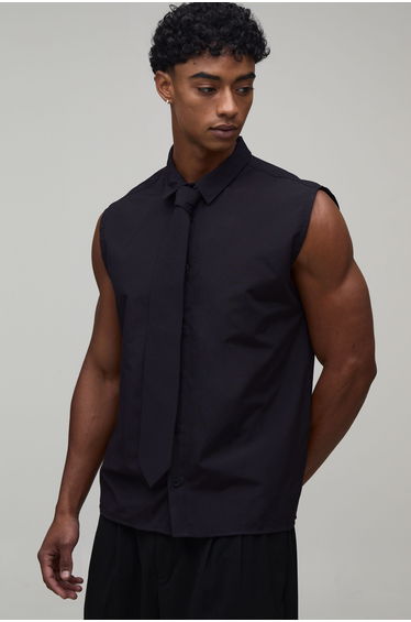 Regular Fit Sleeveless Shirt and Tie - black
