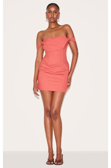 Burnt Orange Draped Bardot Corset Bodycon Dress
