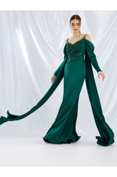Embellished Cold Shoulder Cape Sleeve A-Line Maxi Dress