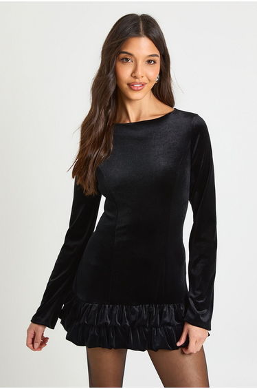 Velvet Ruffle Hem Long Sleeve Mini Dress - black