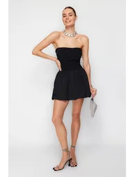 Black Waist Drop/Skater Woven Elegant Evening Dress - 1