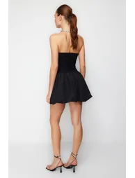 Black Waist Drop/Skater Woven Elegant Evening Dress - 5