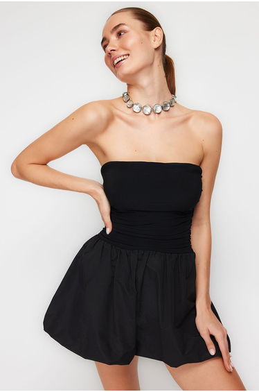 Black Waist Drop/Skater Woven Elegant Evening Dress