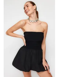 Black Waist Drop/Skater Woven Elegant Evening Dress