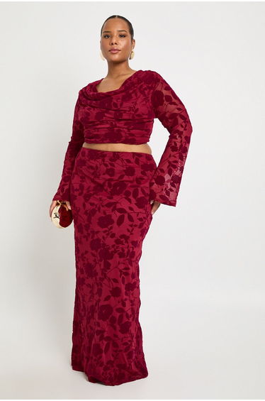 Plus Devore Maxi Skirt - red