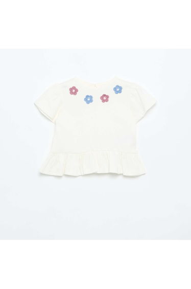 Short-sleeved T-shirt with embroidery and ruffled hem WHITE