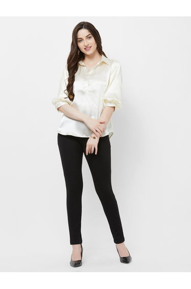Solid Shirt Style Top with Cuffed Sleeves