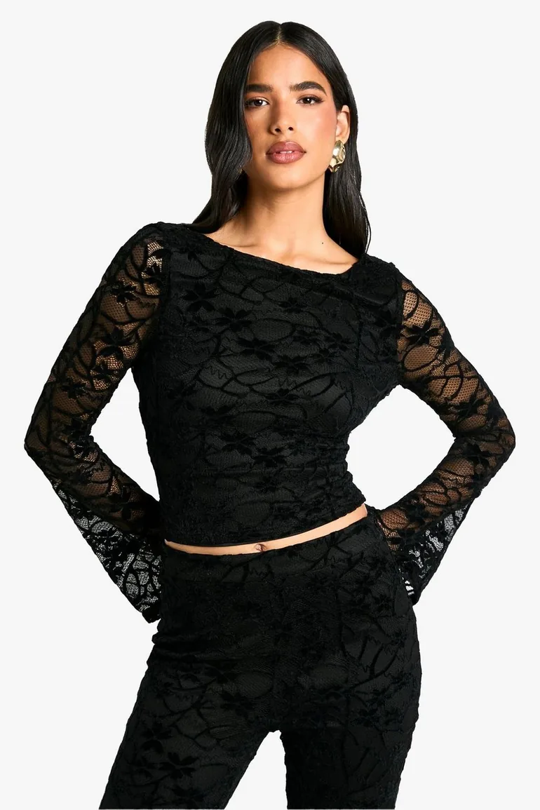 Velvet Lace Scoop Cowl Back Long Sleeve Top - black - 1