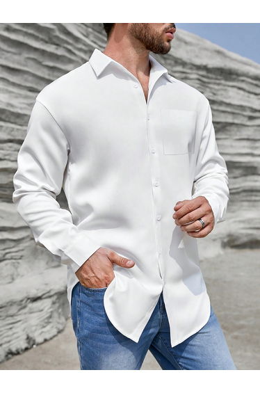 Men White Long Sleeve Shirt with Pocket