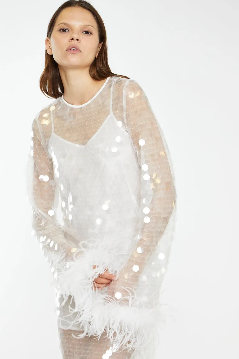 Shop Clear-White Large-Sequin Feather Cuff Mini-Dress Online in Oman