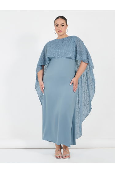Plus Size Embellished Cape Sleeves A-Line Maxi Dress