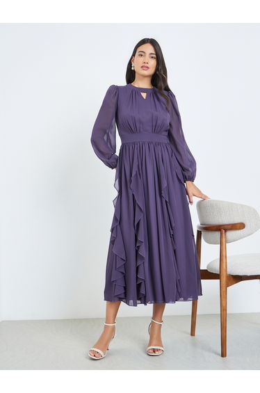 Purple Ruffled Detail A-Line Midi Dress