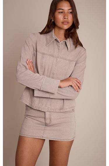 Stone Concealed Placket Crop Belted Denim Jacket
