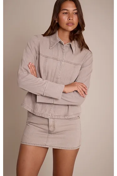 Stone Concealed Placket Crop Belted Denim Jacket