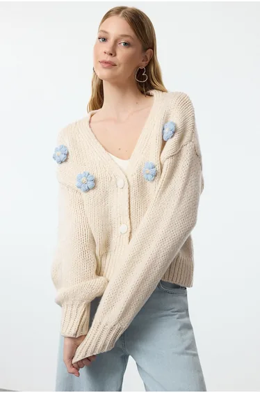 Stone Soft Texture Rose Detailed Knitwear Cardigan