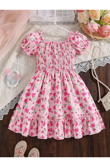 Girls Pink Floral Print Puff Sleeve Dress