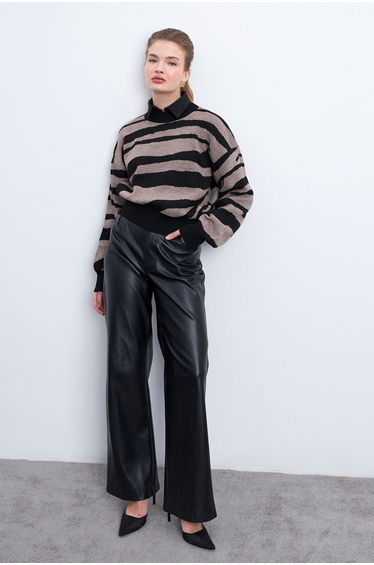 Brown Black Turtleneck Graphic Patterned Knitwear Sweater