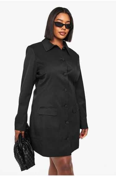 Plus Button Down Collared Tailored Dress - black