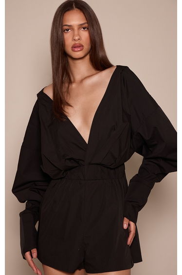 Black Cotton Plunge Shirt Playsuit