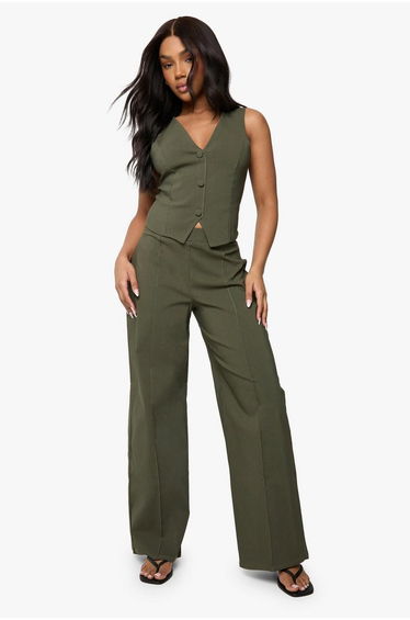 Super Stretch Waistcoat & Seam Front Straight Leg Trousers - khaki