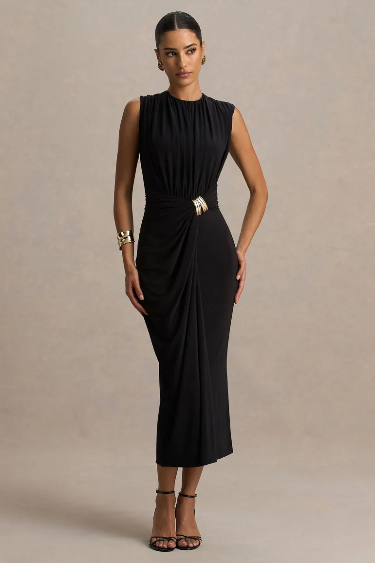 Harlow | Black Crew-Neck Wrapped Maxi Dress