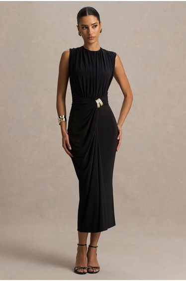 Harlow | Black Crew-Neck Wrapped Maxi Dress