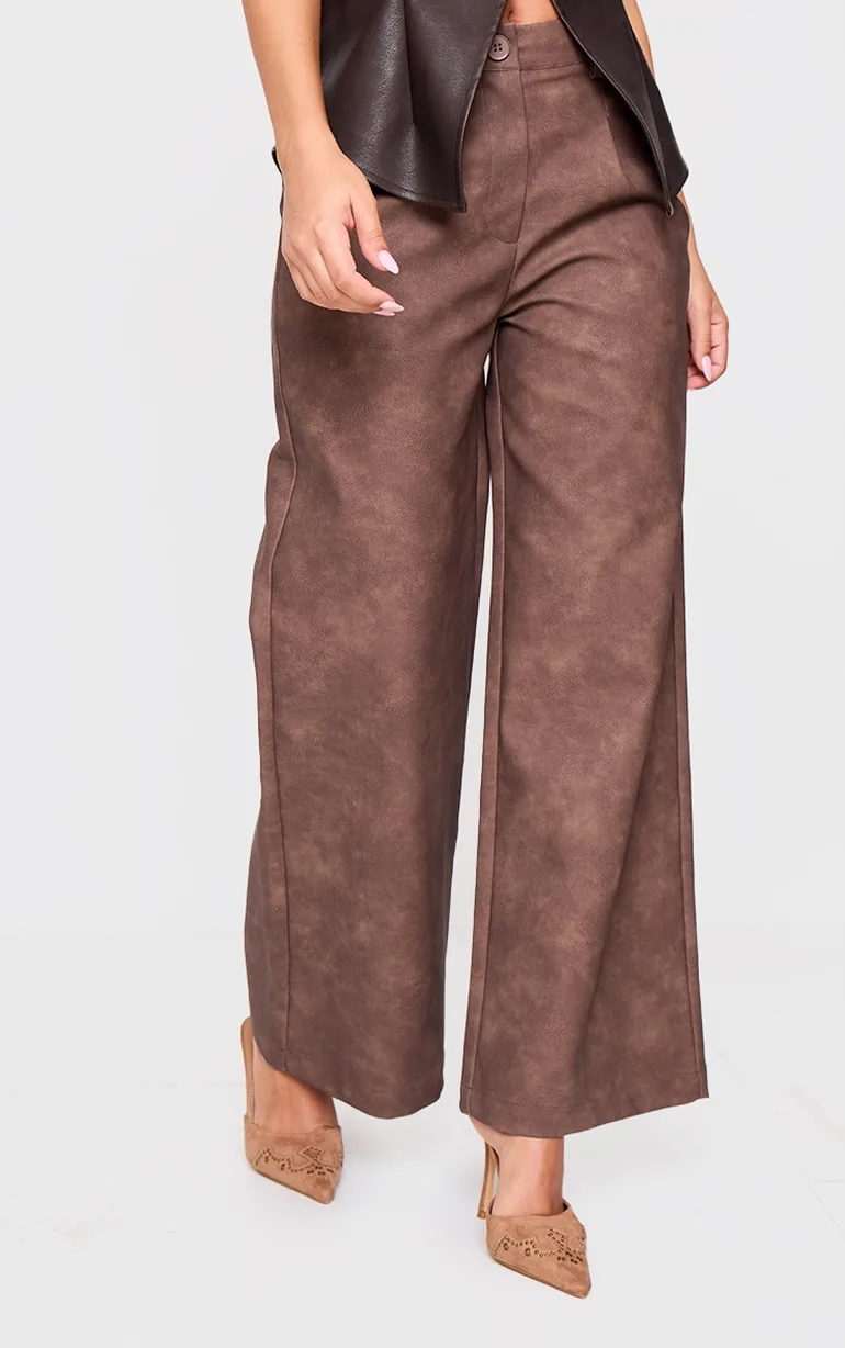 Petite Chocolate Faux Leather Wide Leg Trousers - 1