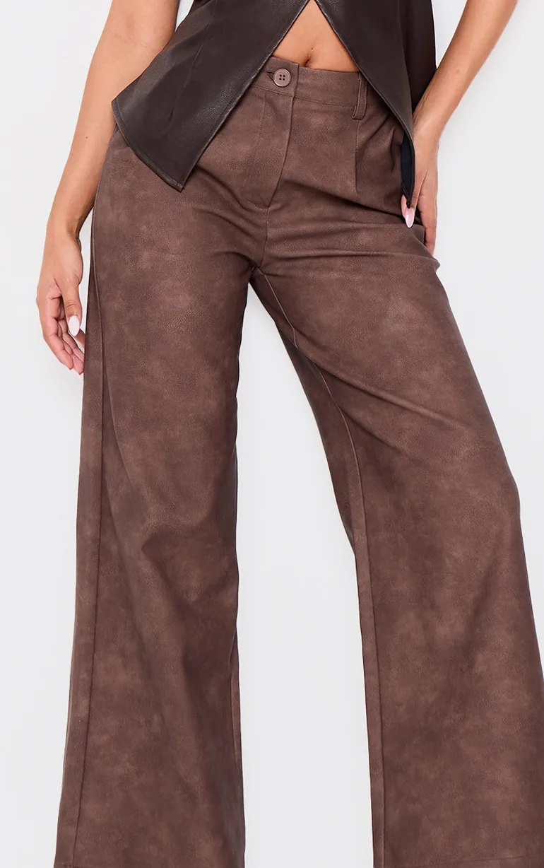 Petite Chocolate Faux Leather Wide Leg Trousers - 3