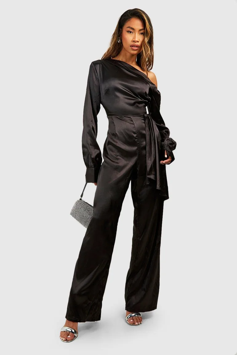 Satin One Shoulder Wide Leg Jumpsuit - black