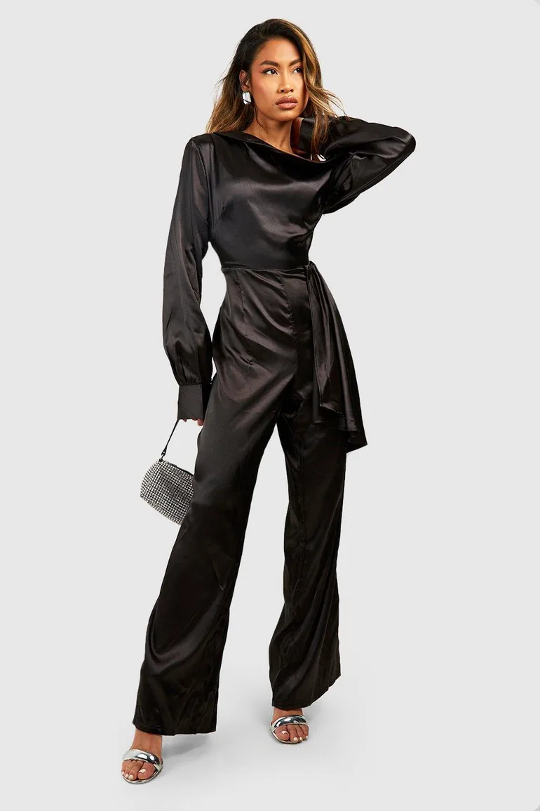 Satin One Shoulder Wide Leg Jumpsuit - black - 2