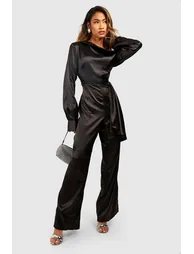 Satin One Shoulder Wide Leg Jumpsuit - black - 2