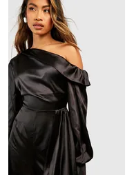 Satin One Shoulder Wide Leg Jumpsuit - black - 3