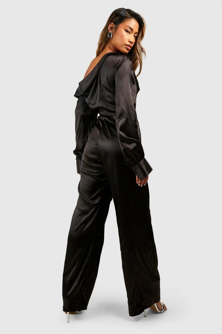 Satin One Shoulder Wide Leg Jumpsuit - black - 1