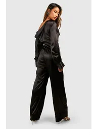 Satin One Shoulder Wide Leg Jumpsuit - black - 1