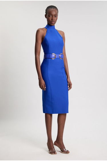 Bandage High Neck Buckle Trim Midi Dress