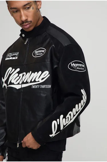Boxy Fit Tumbled PU Homme Moto Jacket - black