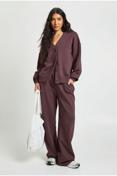 Tall Button Through Cardigan Sweatshirt And Straight Leg Jogger Tracksuit - chocolate