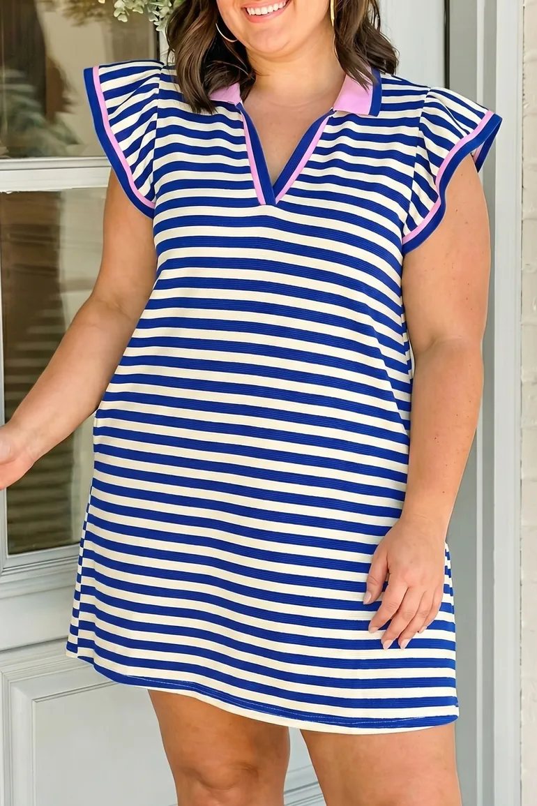 Lvness Plus size Dark Blue Striped Shift Dress V Neck Short Sleeve Dress