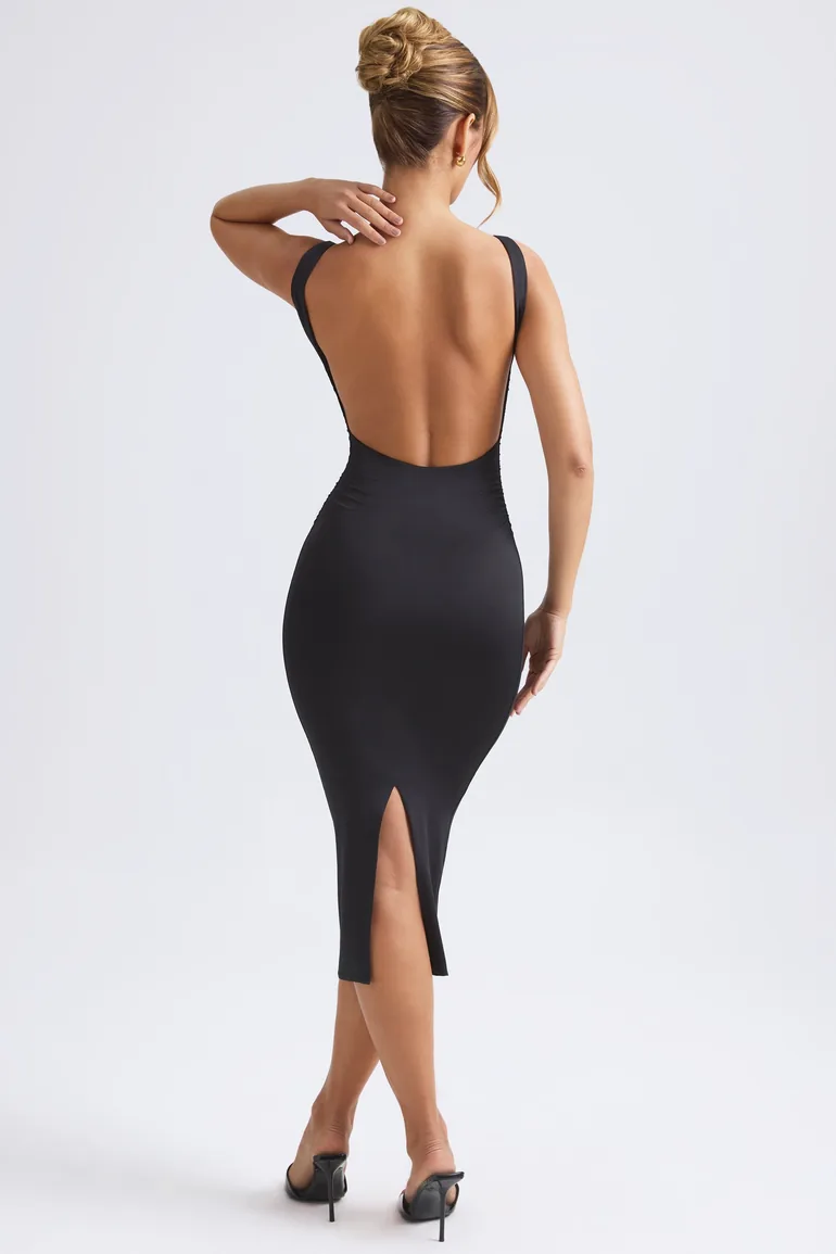 ruched open-back midaxi dress in black Noisy May Tall Ruched Detail Backless Midaxi Dress in Black