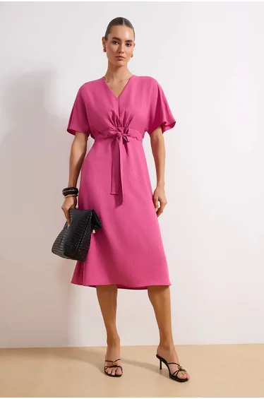 Fuchsia Tie Detailed A-Line V-Neck Woven Dress