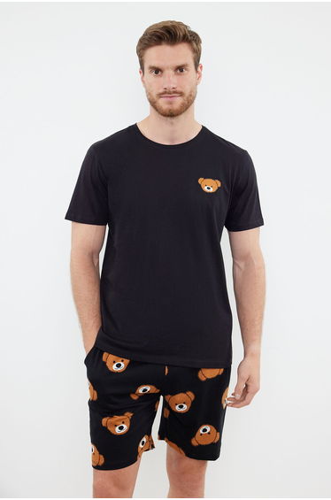 Black Regular Fit Teddy Bear Patterned Pajama Set with Shorts