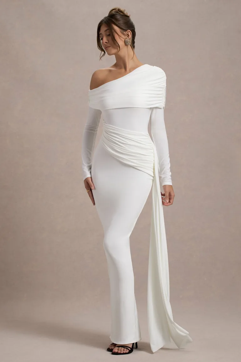 Valina | White Ruched Asymmetric Maxi Dress With Drape - 5