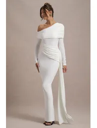Valina | White Ruched Asymmetric Maxi Dress With Drape - 5
