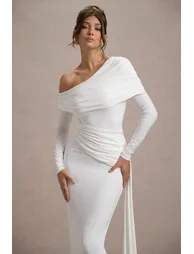 Valina | White Ruched Asymmetric Maxi Dress With Drape - 2