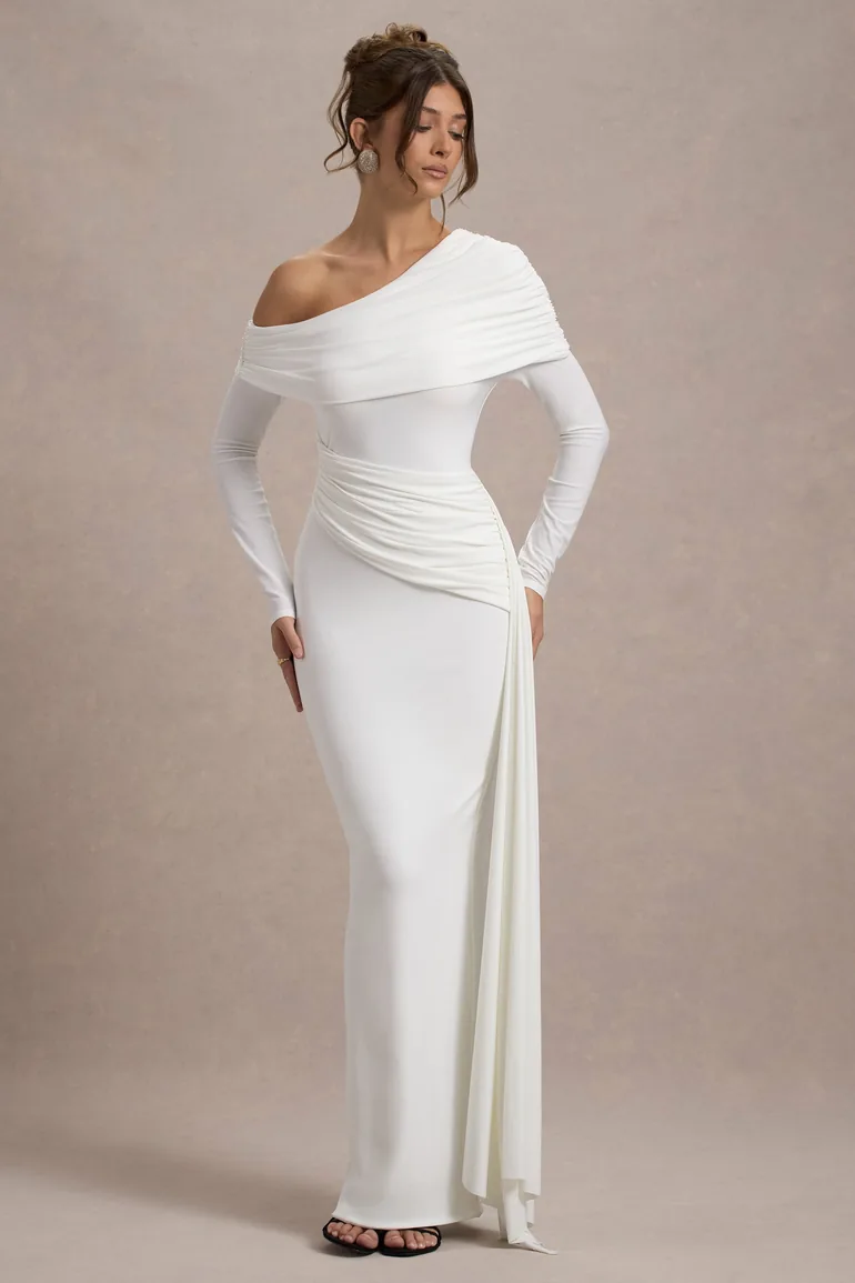 Valina | White Ruched Asymmetric Maxi Dress With Drape - 4